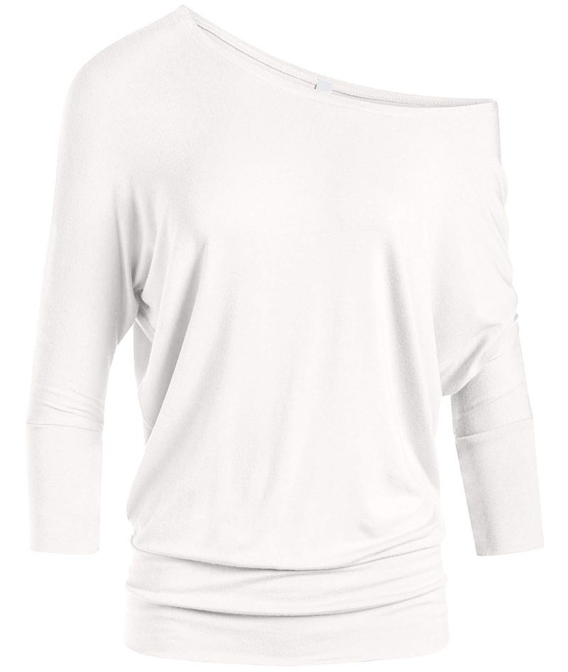 Simlu Womens Jersey Off the Shoulder Sweater Top Round Scoop Neck,Ivory,Small - Image 1